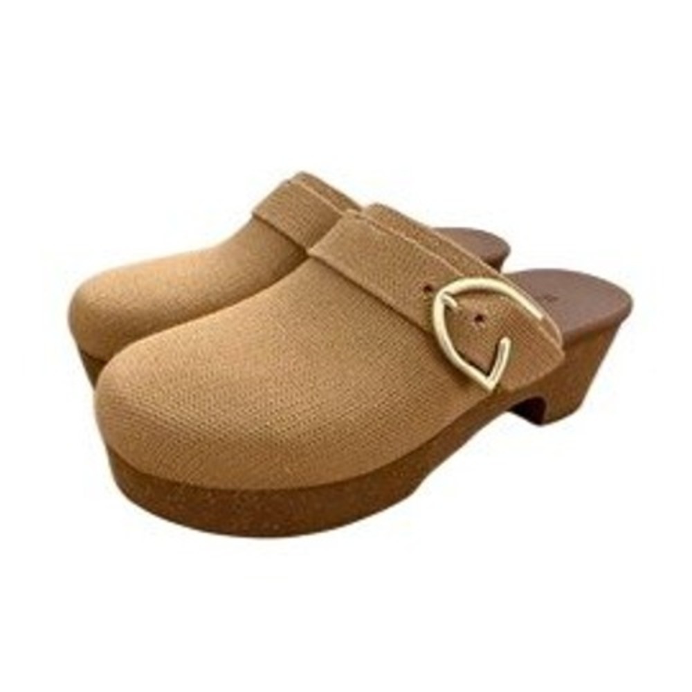 Rothys The Classic Buckle Clog Camel‎ Tan Knit Gold Buckle Platform Mules 7.5 - Picture 3 of 5